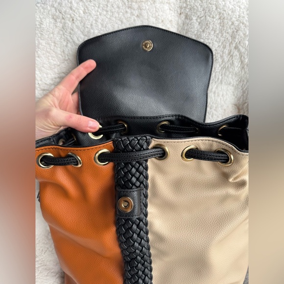 Lionel Brown & Black & Cream Color Backpack Travel Bag Soft Faux Leather - Picture 13 of 16